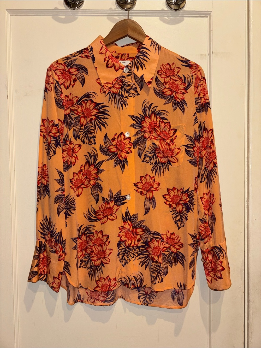 Equipment Orange / Peach Floral Button-Down Shirt with Red Blooms